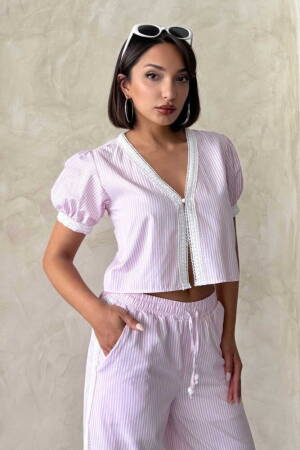 Guipure Detailed Striped Blouse - Brand: Topshow - Women's Clothing Wholesale - Globality Store