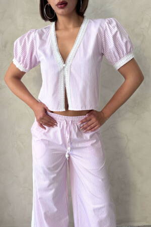 Guipure Detailed Striped Blouse - Brand: Topshow - Women's Clothing Wholesale - Globality Store