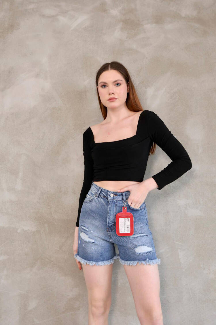 High Waist Denim Shorts - Blue - Mode Roy - Globality Store - Women Clothes Wholesale Turkey