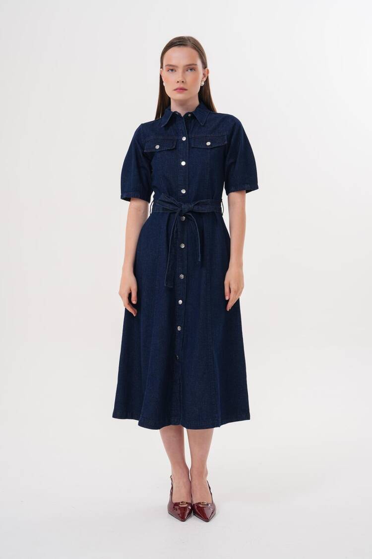 Snap Button Detailed Waist Belted Dress Rins Wash - Brand: Levure - Women's Clothing Wholesale - Globality Store