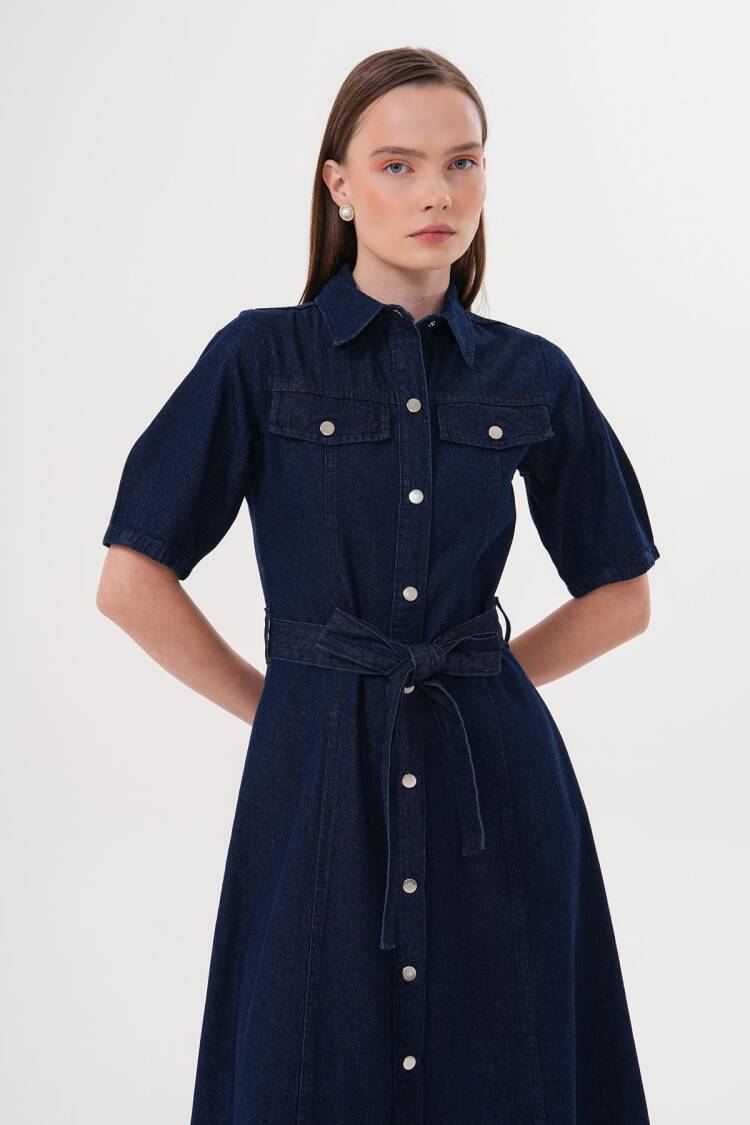 Snap Button Detailed Waist Belted Dress Rins Wash