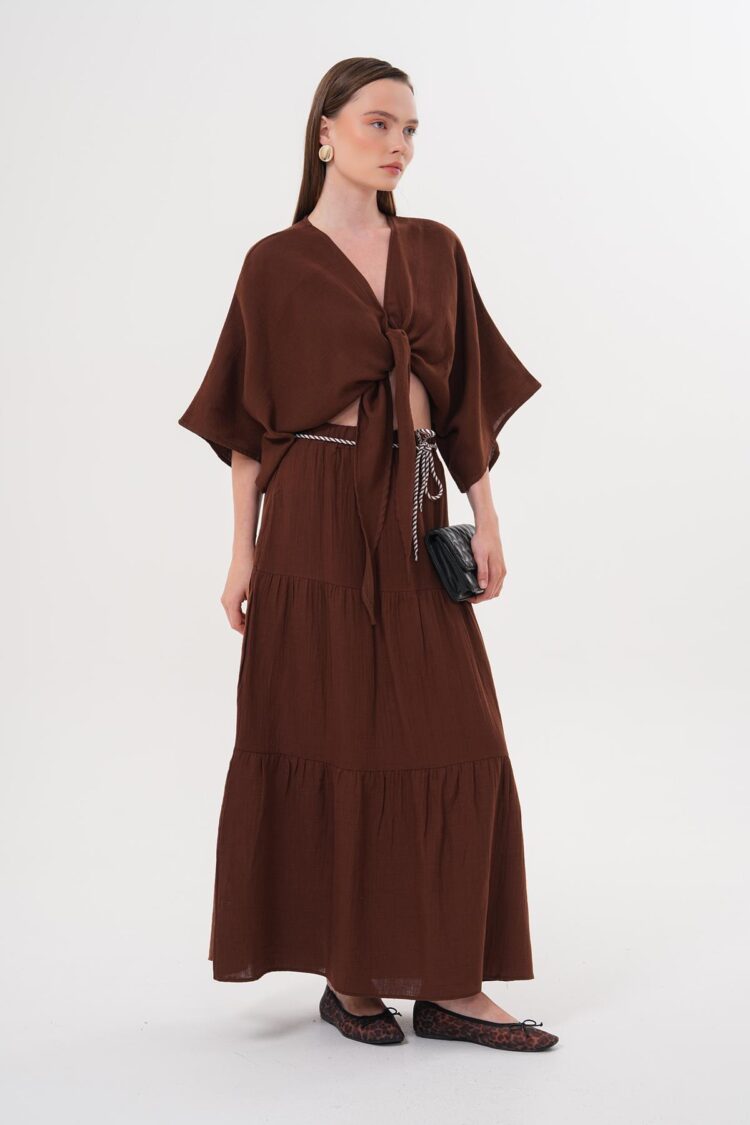 Elastic Waist And Cord Detailed Long Skirt