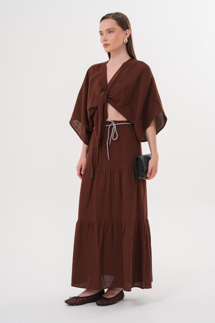 Elastic Waist And Cord Detailed Long Skirt