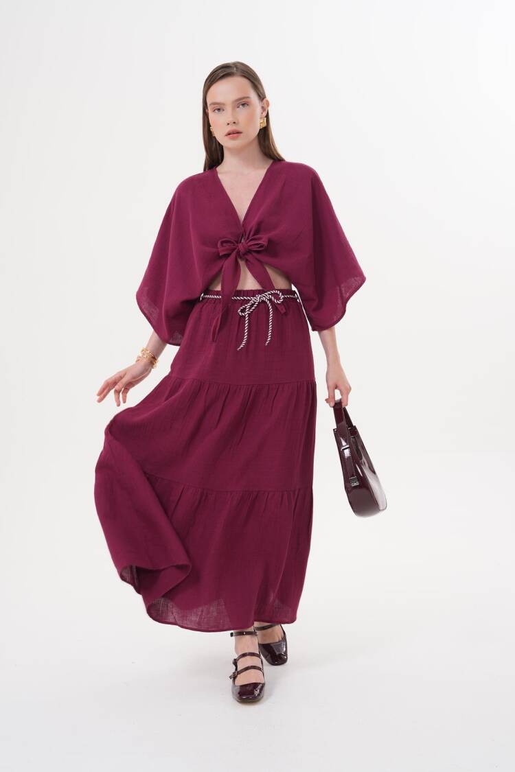 Elastic Waist And Cord Detailed Long Skirt Burgundy
