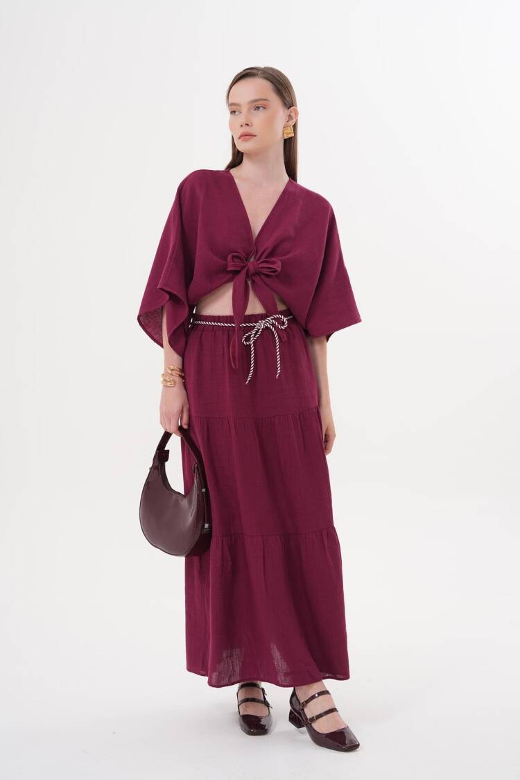 Elastic Waist And Cord Detailed Long Skirt Burgundy