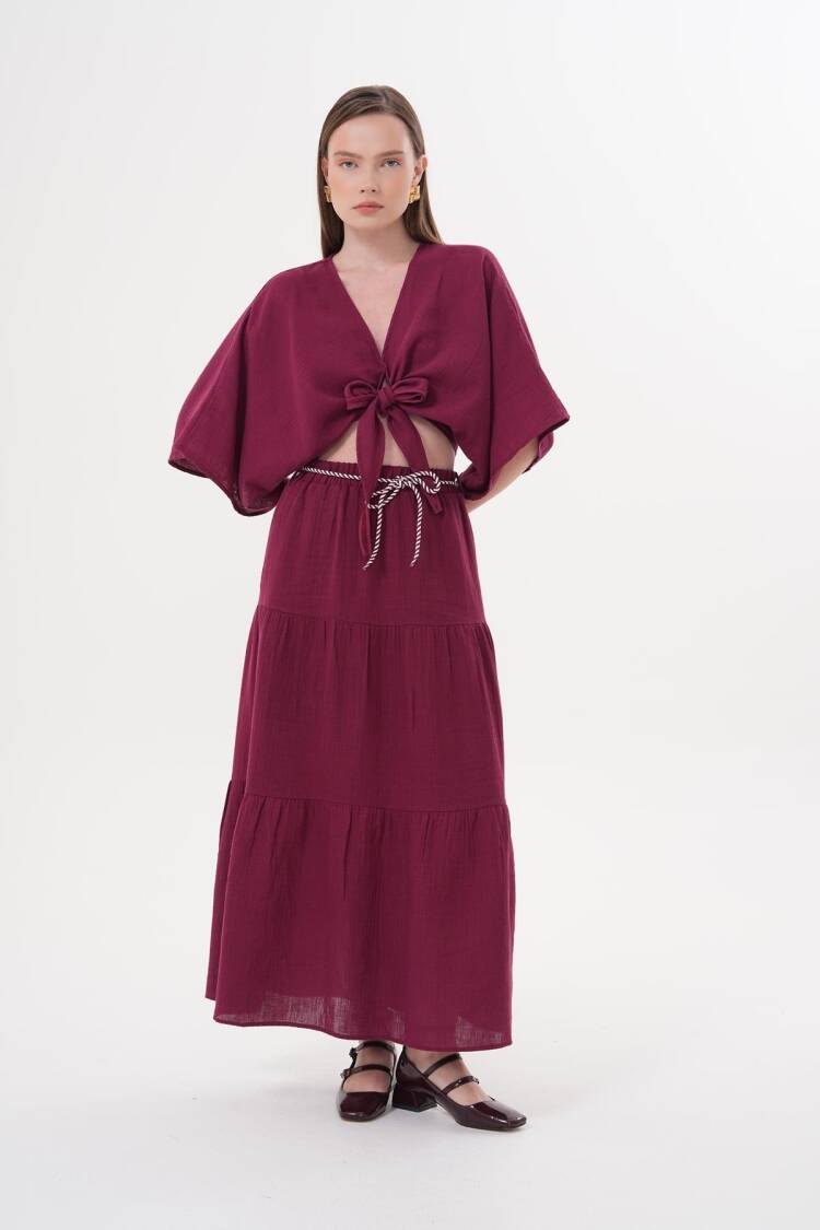 Elastic Waist And Cord Detailed Long Skirt Burgundy - Brand: Levure - Women's Clothing Wholesale - Globality Store