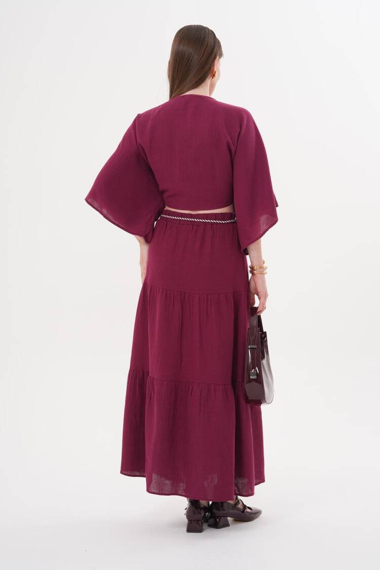 Elastic Waist And Cord Detailed Long Skirt Burgundy