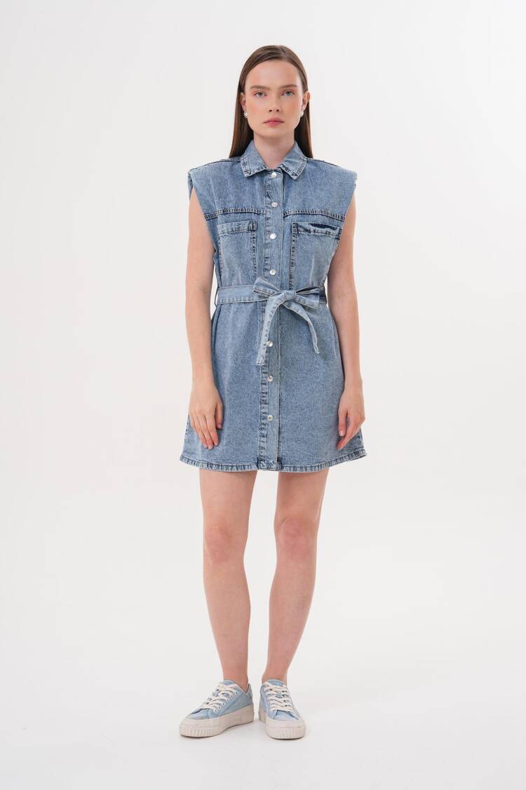 Shoulder Wadding Detailed Belted Dress Snow Wash - Brand: Levure - Women's Clothing Wholesale - Globality Store