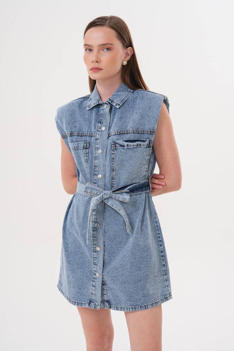 Shoulder Wadding Detailed Belted Dress Snow Wash