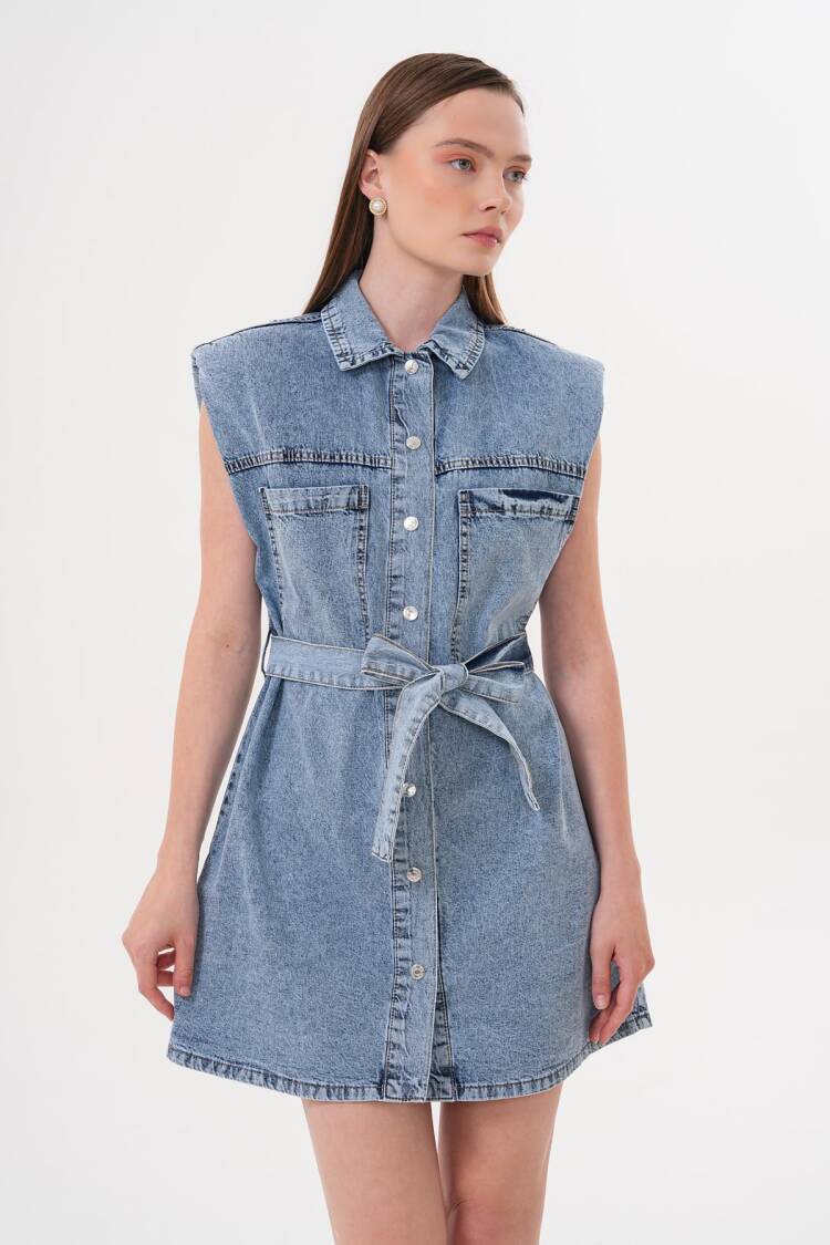 Shoulder Wadding Detailed Belted Dress Snow Wash