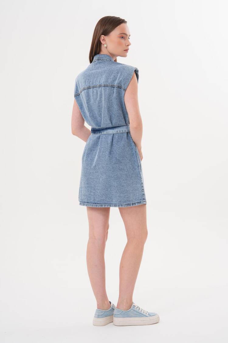 Shoulder Wadding Detailed Belted Dress Snow Wash