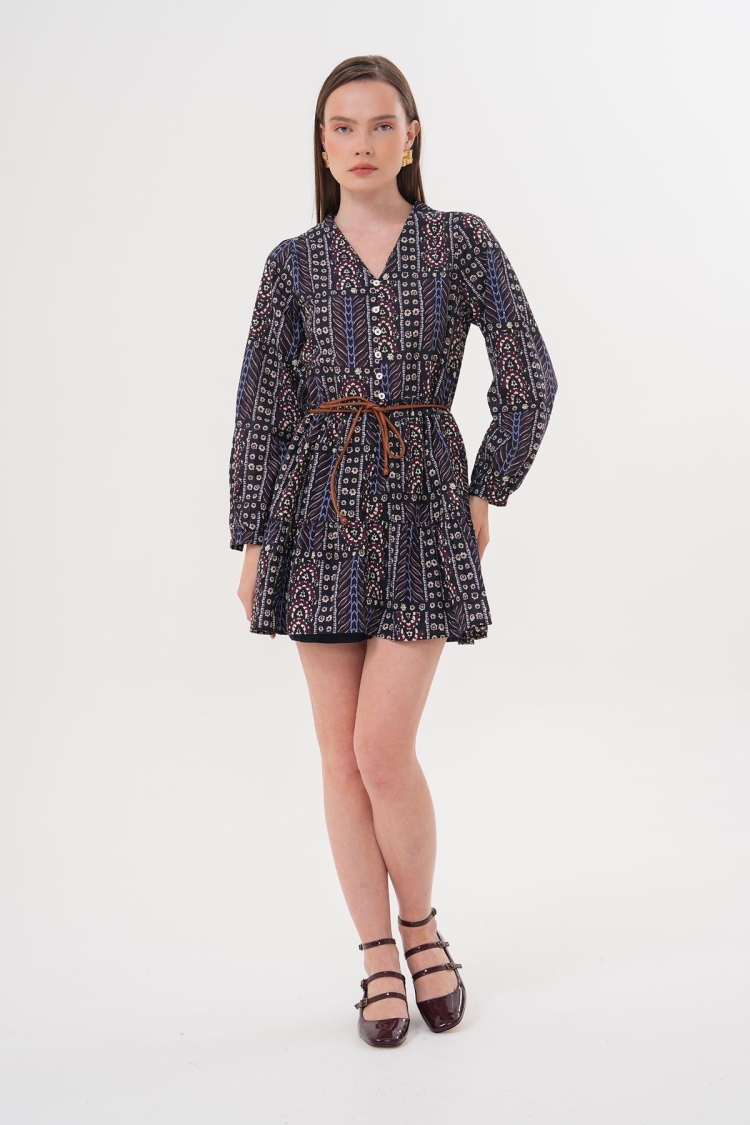 Patterned Short Dress With Leather Belt - Brand: Levure - Women's Clothing Wholesale - Globality Store
