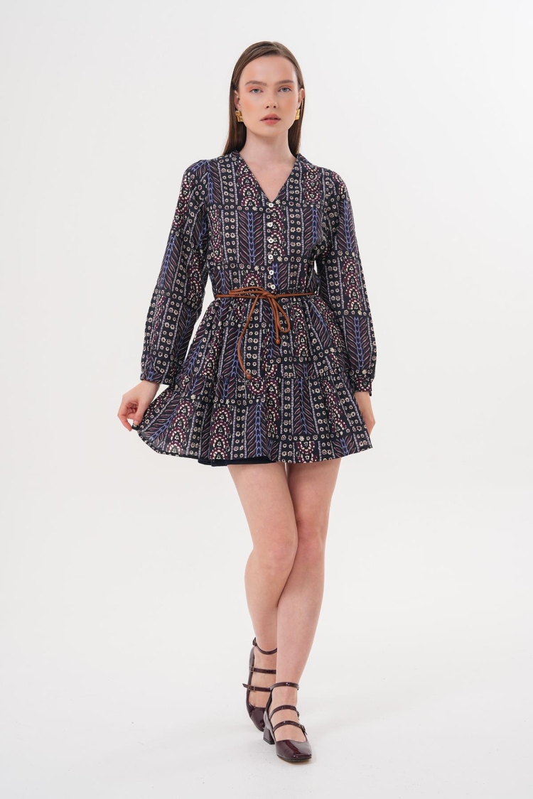 Patterned Short Dress With Leather Belt
