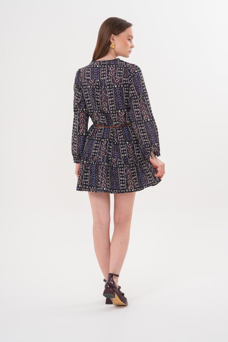 Patterned Short Dress With Leather Belt