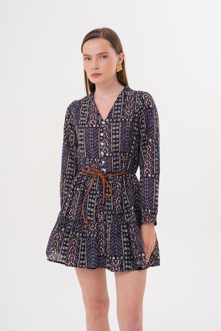 Patterned Short Dress With Leather Belt