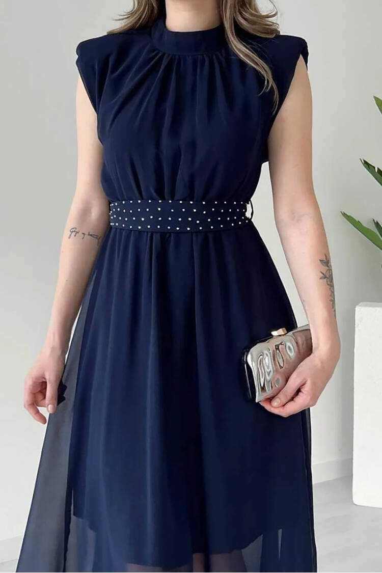 Sash Stone Detailed Midi Chiffon Dress