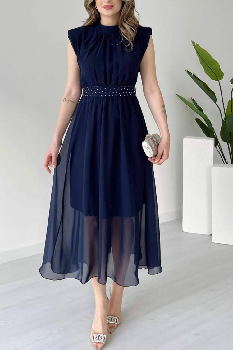 Sash Stone Detailed Midi Chiffon Dress