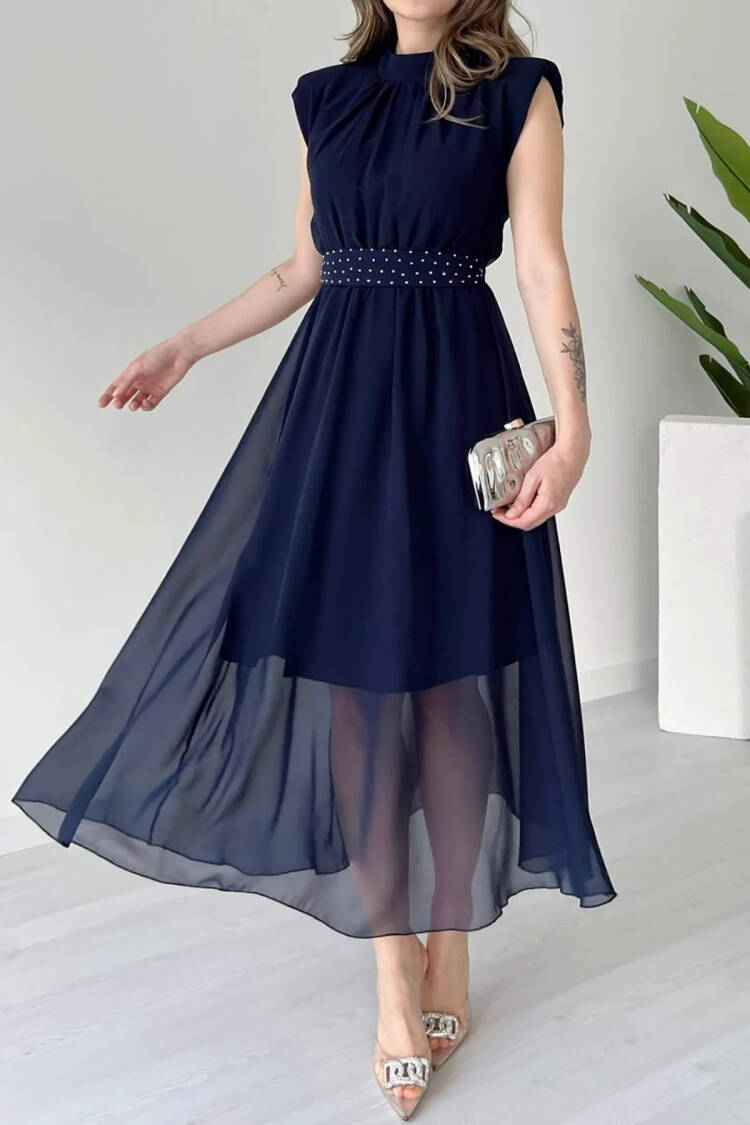 Sash Stone Detailed Midi Chiffon Dress - Brand: Mode Roy - Women's Clothing Wholesale - Globality Store