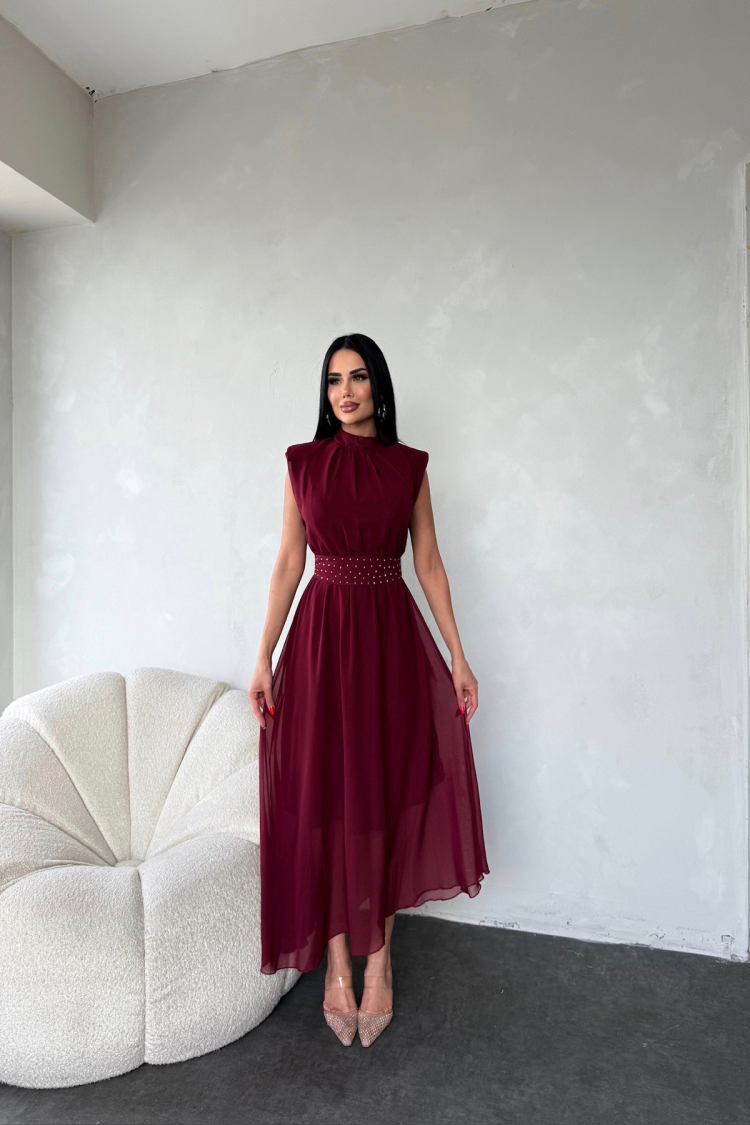 Sash Stone Detailed Midi Chiffon Dress - Burgundy - Mode Roy - Globality Store - Women Clothes Wholesale Turkey