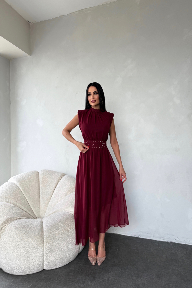 Sash Stone Detailed Midi Chiffon Dress - Burgundy