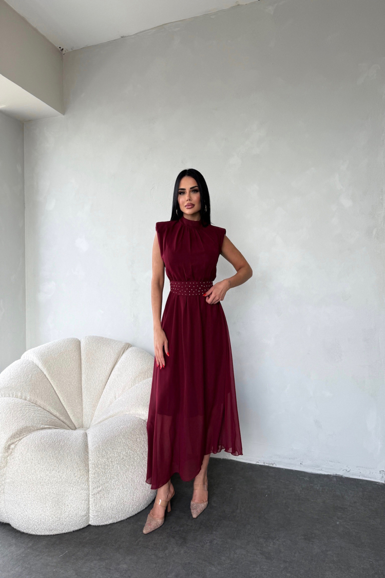 Sash Stone Detailed Midi Chiffon Dress - Burgundy