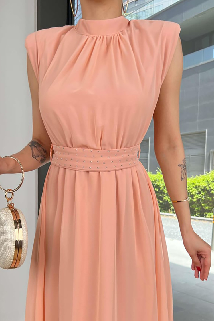 Sash Stone Detailed Midi Chiffon Dress - Salmon - Mode Roy - Globality Store - Women Clothes Wholesale Turkey