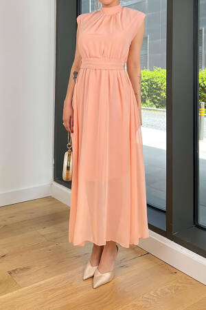 Sash Stone Detailed Midi Chiffon Dress - Salmon - Mode Roy - Globality Store - Women Clothes Wholesale Turkey