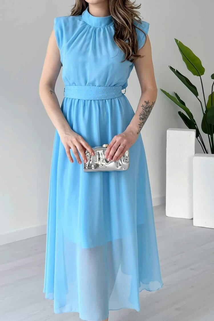 Sash Stone Detailed Midi Chiffon Dress