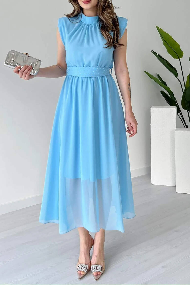 Sash Stone Detailed Midi Chiffon Dress - Mode Roy - Globality Store - Women Clothes Wholesale Turkey
