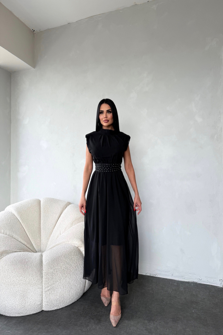 Sash Stone Detailed Midi Chiffon Dress