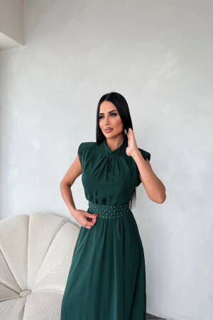 Sash Stone Detailed Midi Chiffon Dress - Emerald - Mode Roy - Globality Store - Women Clothes Wholesale Turkey