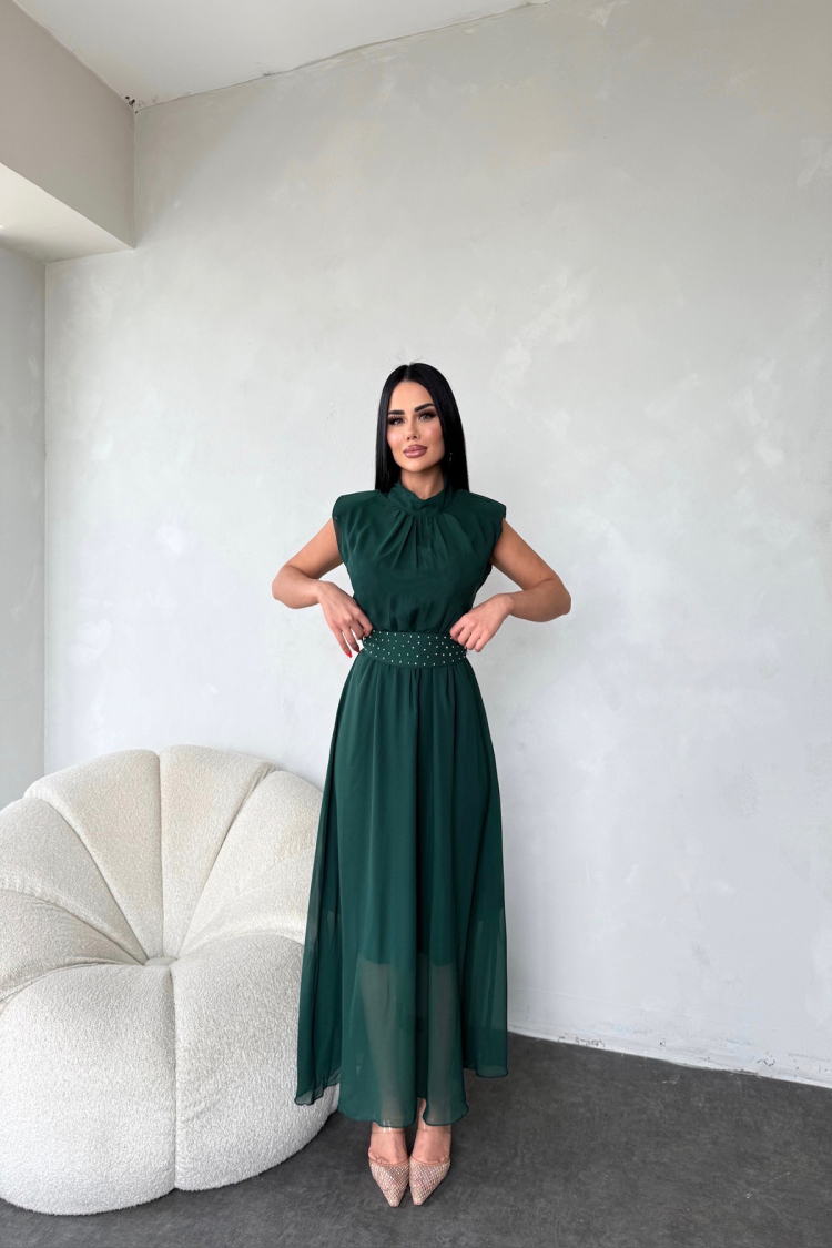 Sash Stone Detailed Midi Chiffon Dress - Emerald - Mode Roy - Globality Store - Women Clothes Wholesale Turkey