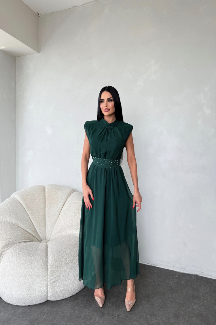 Sash Stone Detailed Midi Chiffon Dress - Emerald