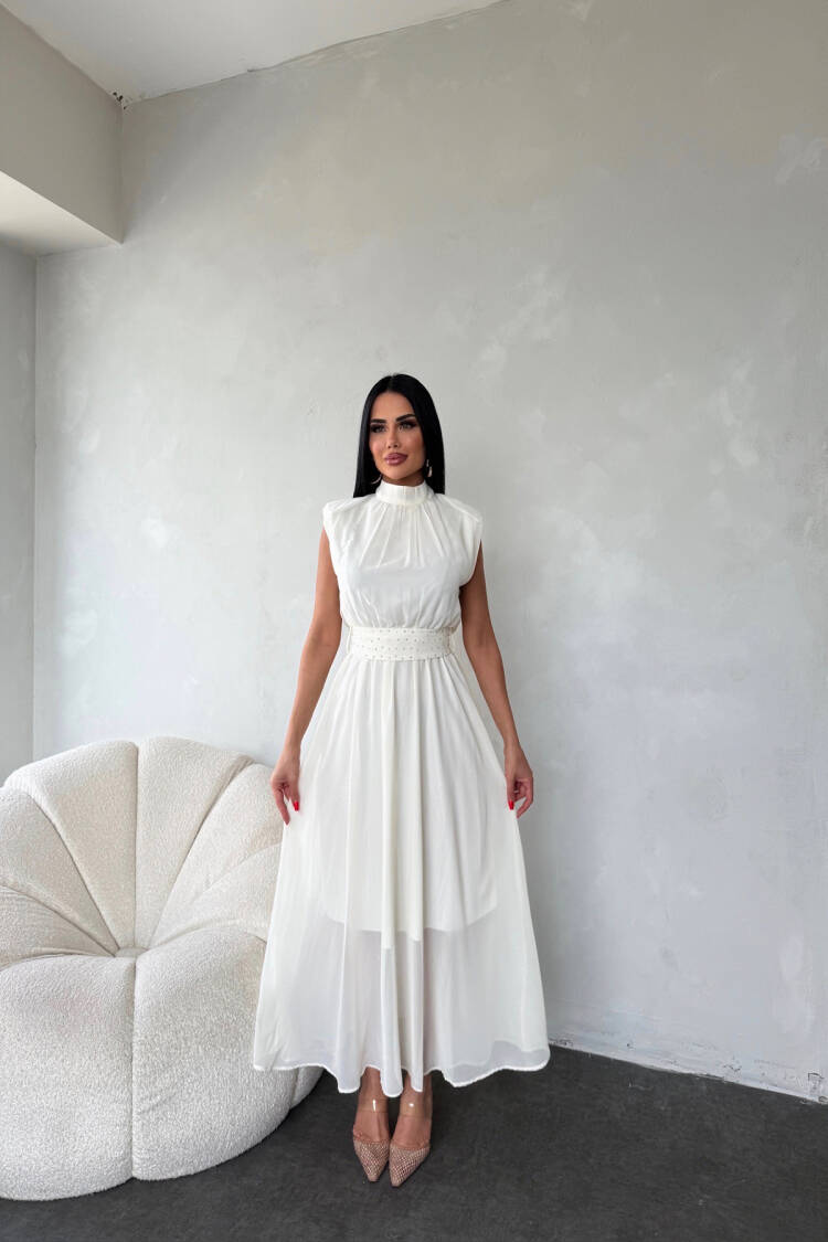Sash Stone Detailed Midi Chiffon Dress - Mode Roy - Globality Store - Women Clothes Wholesale Turkey