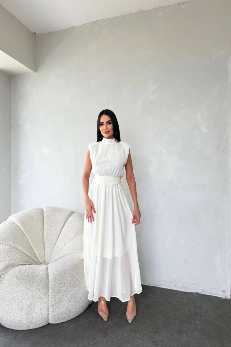 Sash Stone Detailed Midi Chiffon Dress
