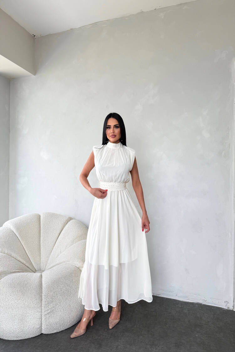 Sash Stone Detailed Midi Chiffon Dress
