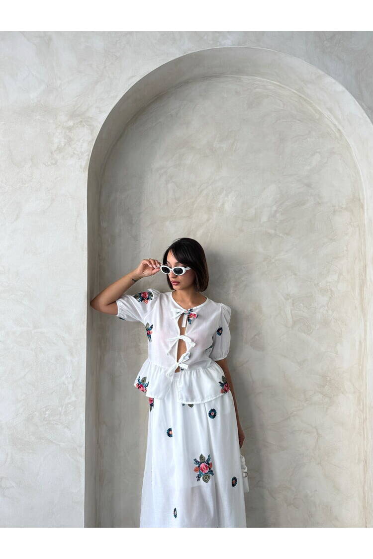 Embroidered Voile Front Tie Blouse - Cream