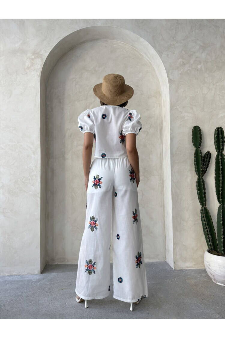 Embroidered Pants - Cream