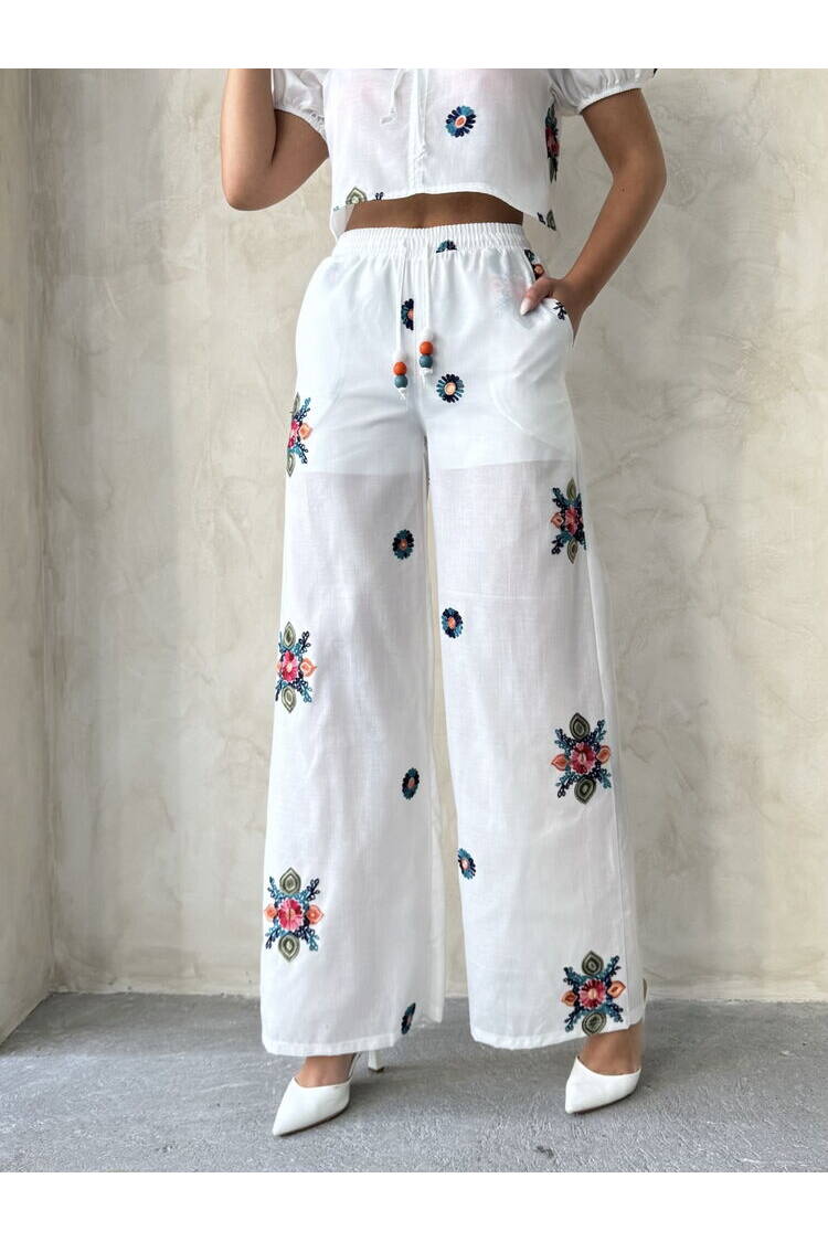 Embroidered Pants - Cream