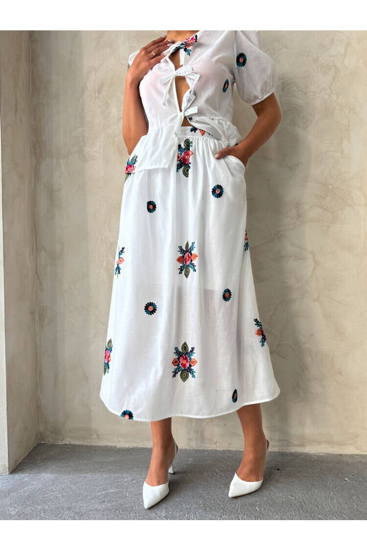 Embroidered Voile Skirt - Cream