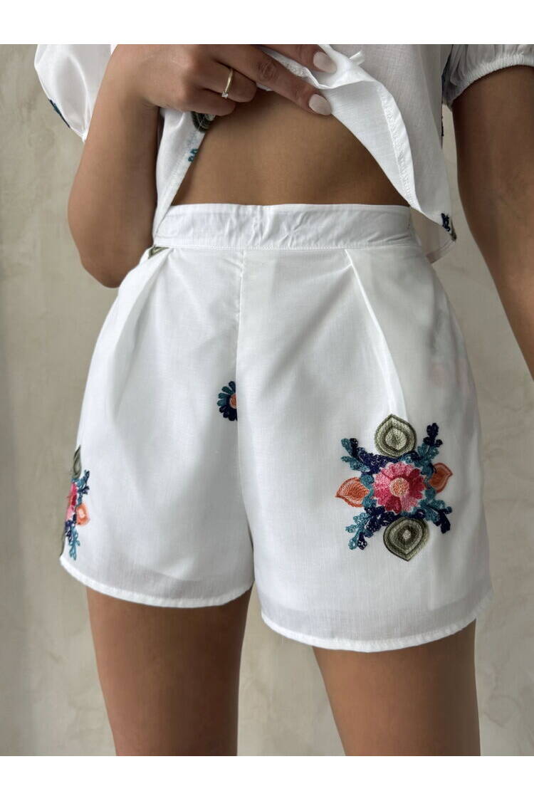 Embroidered Voile Shorts - Cream