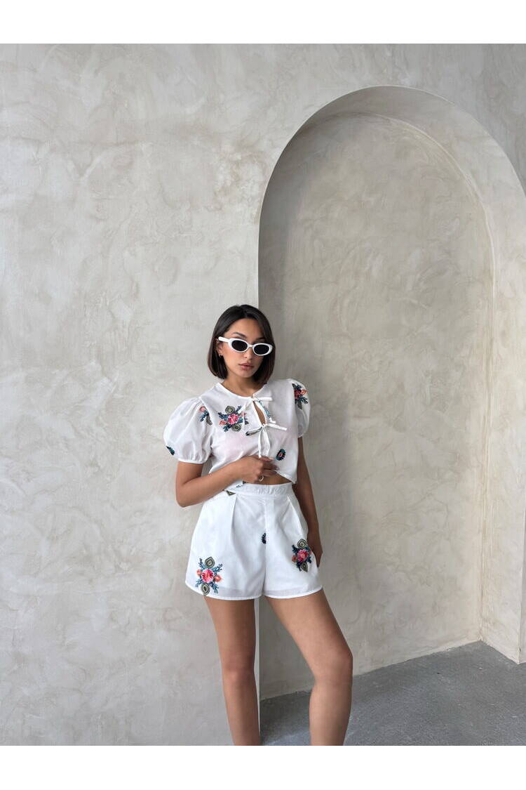 Embroidered Voile Shorts - Cream