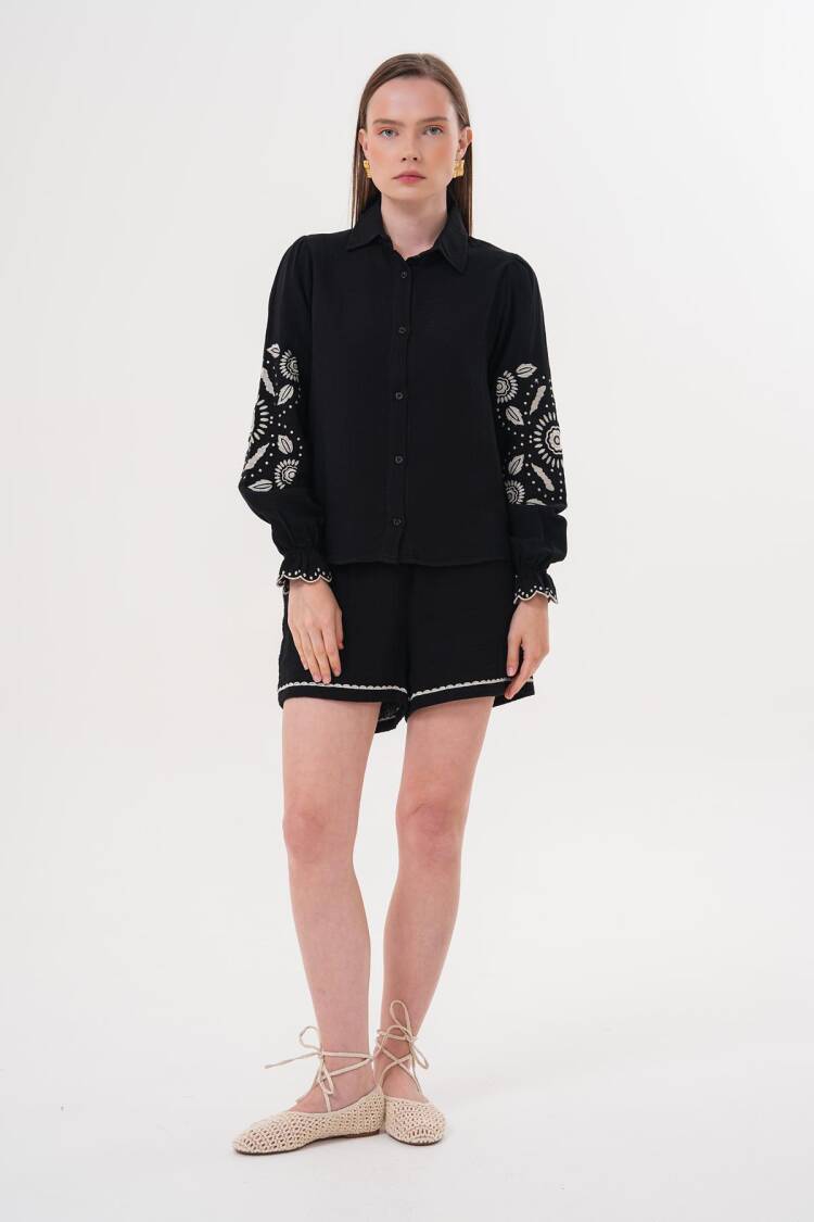 Sleeve Embroidery Detailed Front Buttoned Shirt - Brand: Levure - Women's Clothing Wholesale - Globality Store