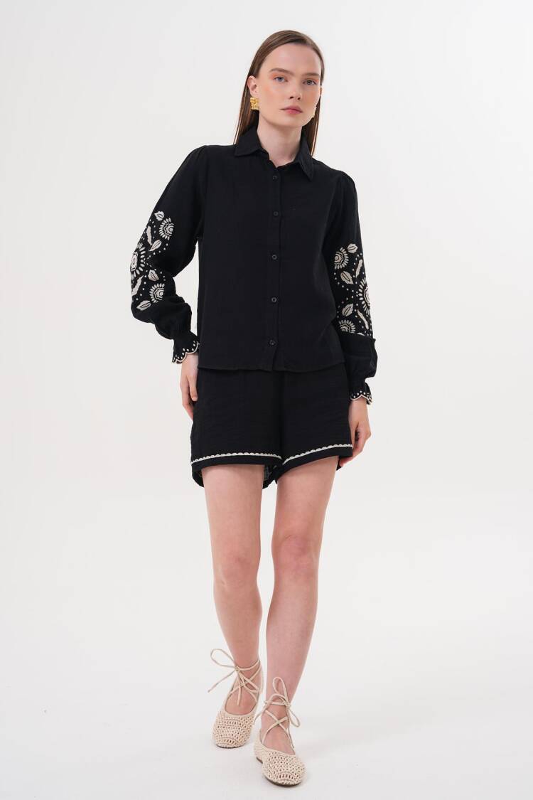 Sleeve Embroidery Detailed Front Buttoned Shirt