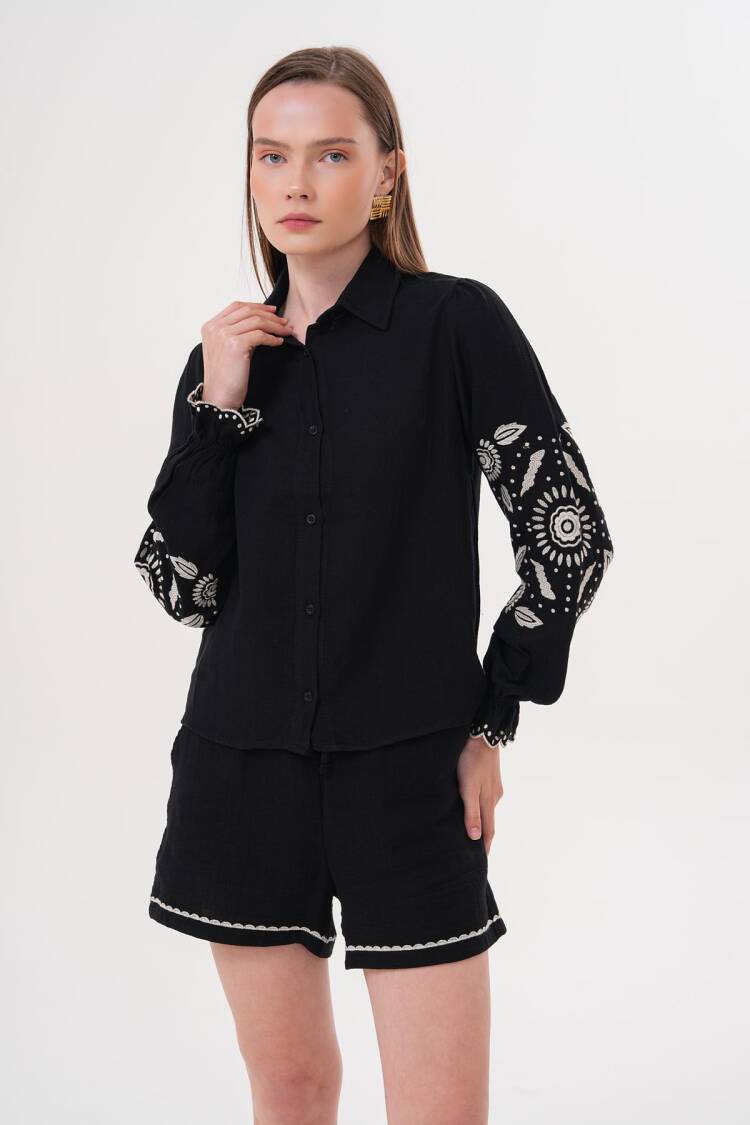 Sleeve Embroidery Detailed Front Buttoned Shirt