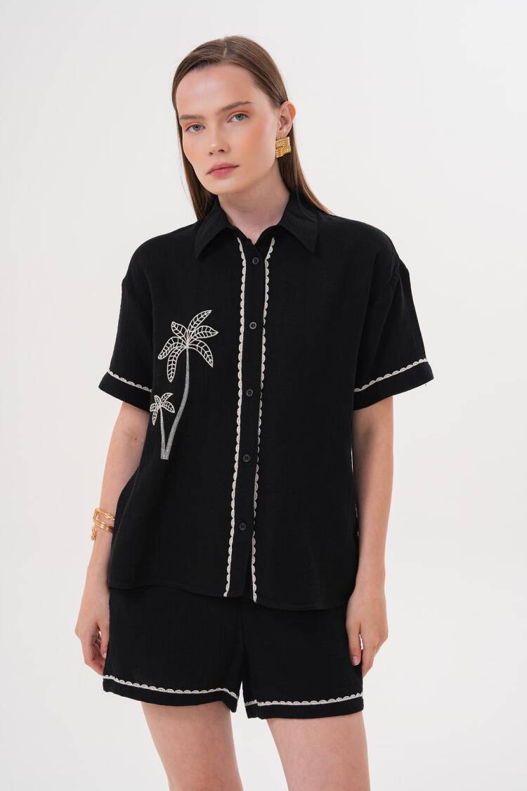 Embroidery Detailed Buttoned Mueslin Shirt