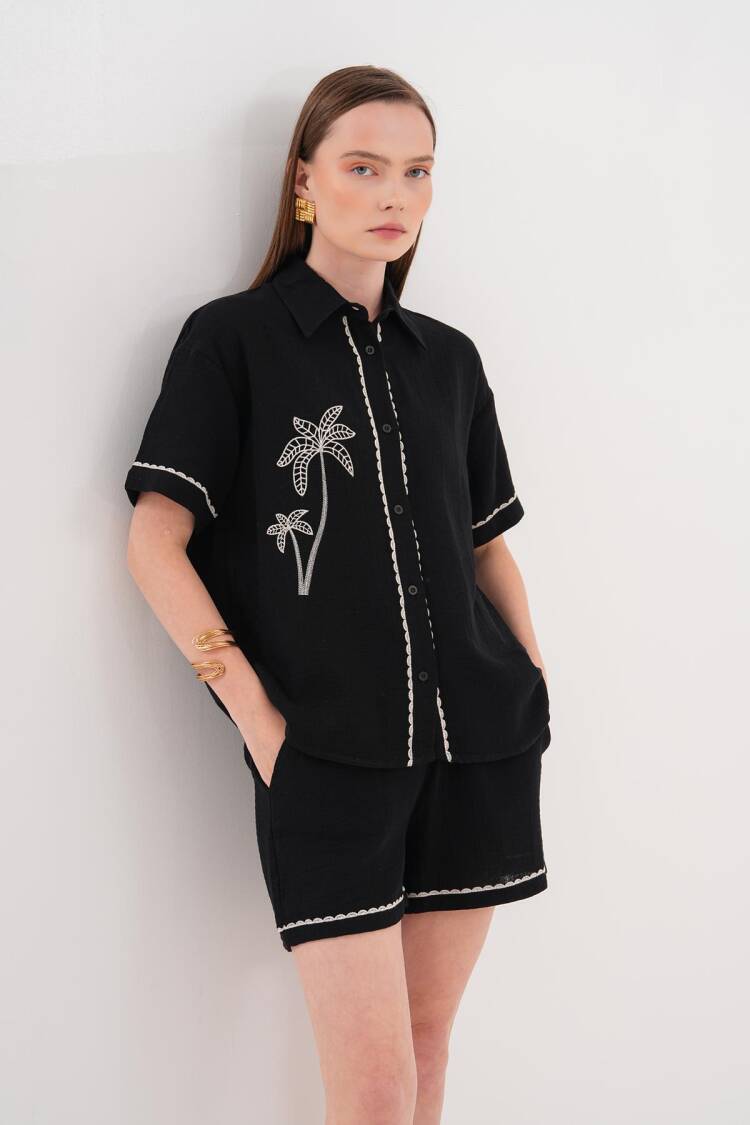 Embroidery Detailed Buttoned Mueslin Shirt