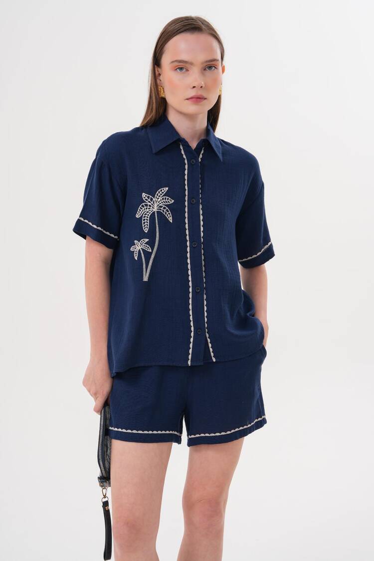 Embroidery Detailed Buttoned Mueslin Shirt