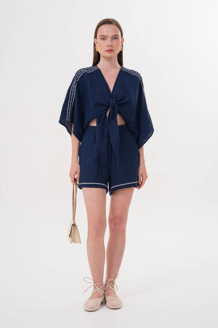 Shoulder Embroidery Detailed Tie Waist Shirt Navy - Brand: Levure - Women's Clothing Wholesale - Globality Store