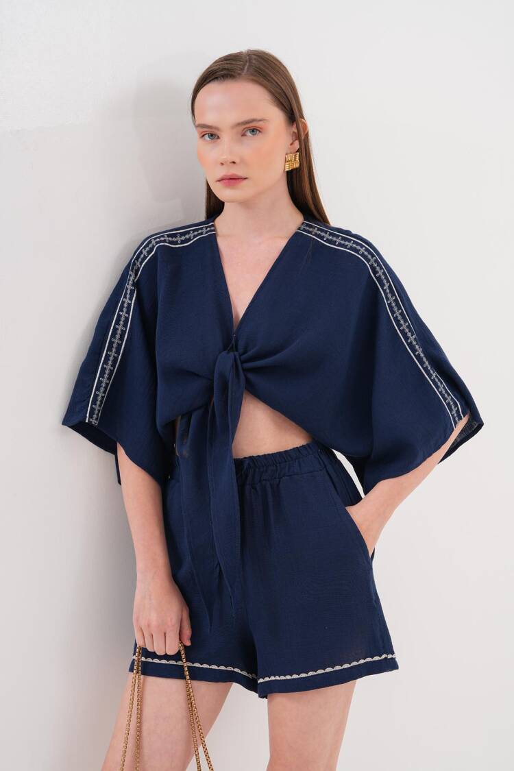 Shoulder Embroidery Detailed Tie Waist Shirt Navy